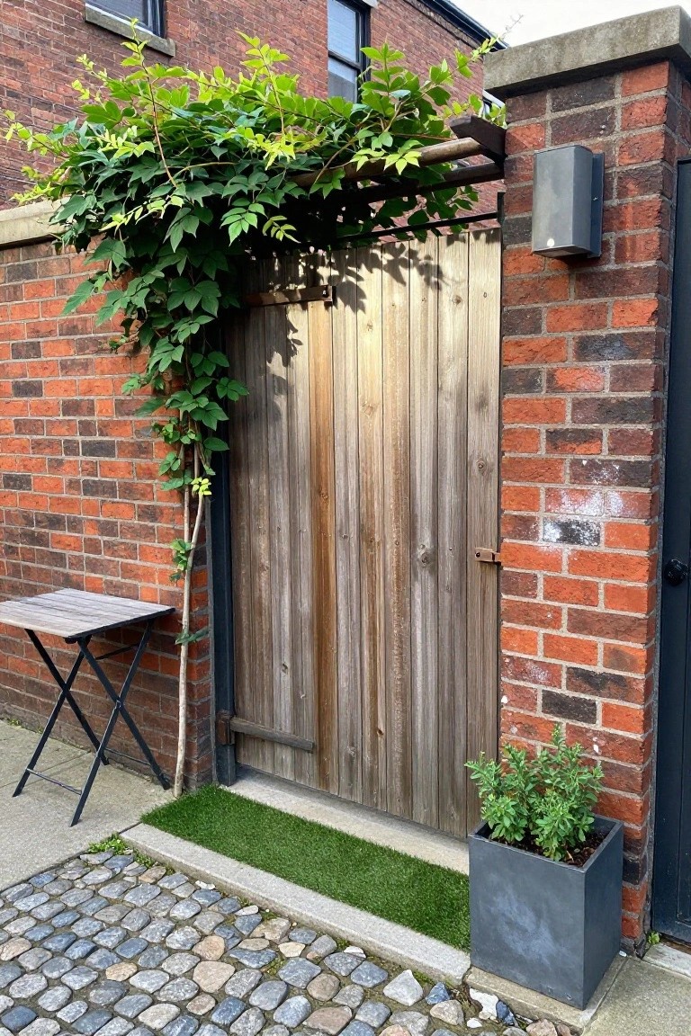 A weathered wooden gate set in a red brick wall with climbing green vines growing over a wooden trellis above it, a small folding table on the left, and a potted plant on the right.