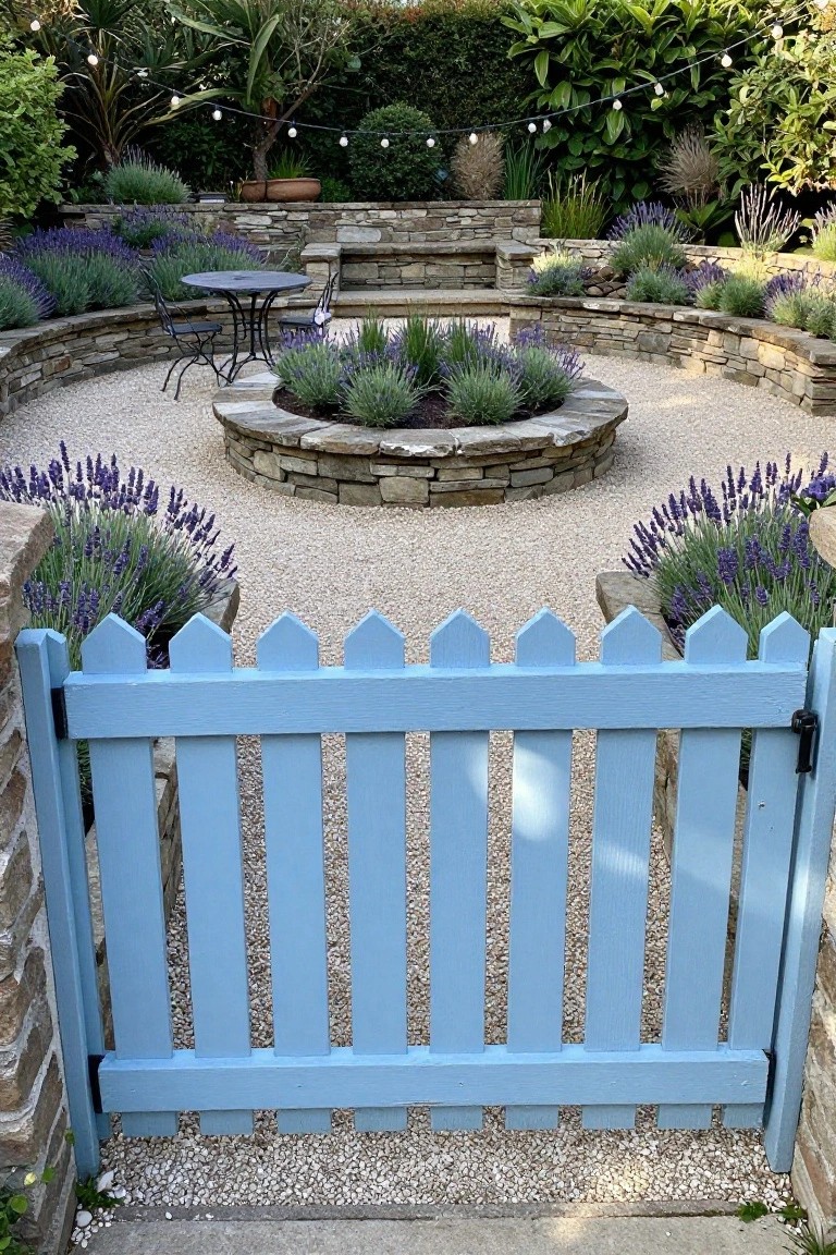 A light blue wooden picket gate stands open at the entrance to a gravel garden with stone walls, lavender beds, and a central circular stone planter.