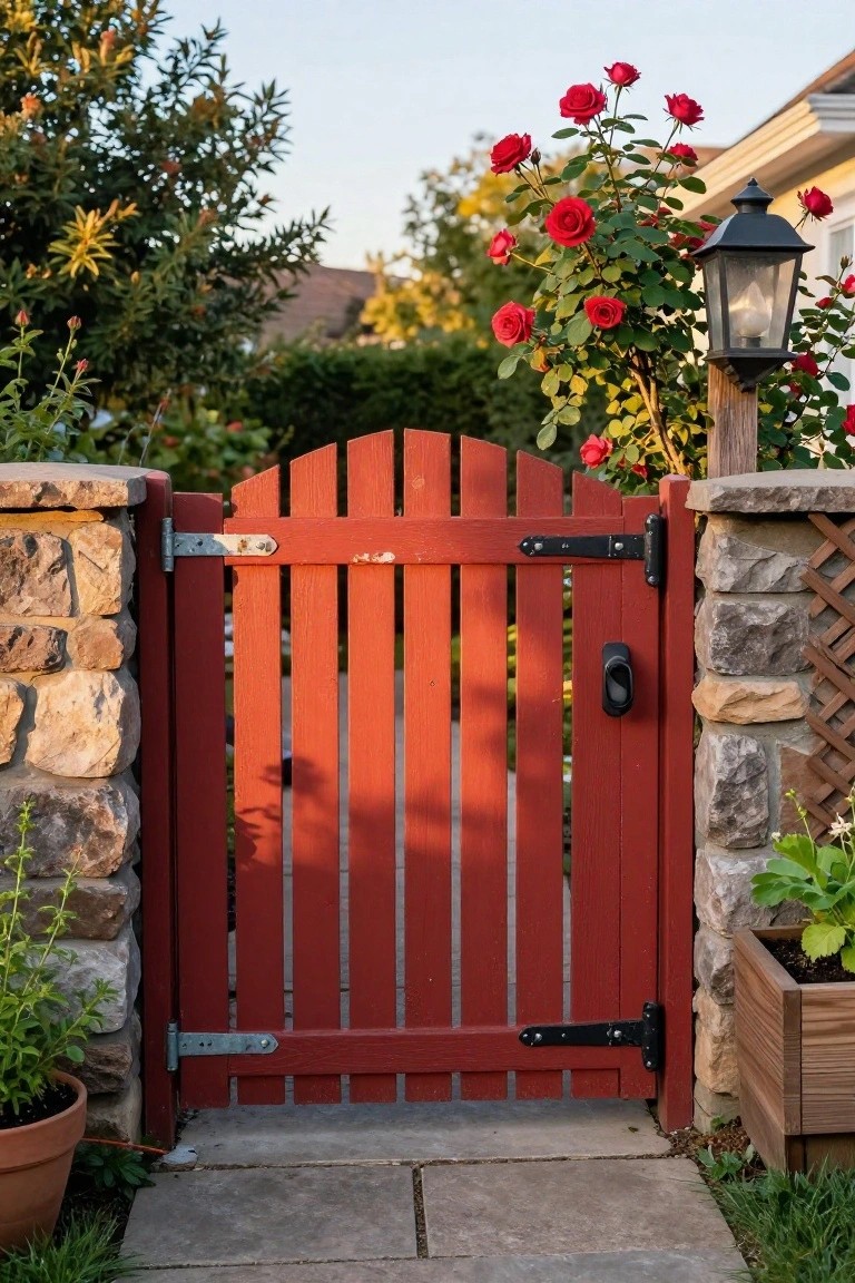 Red wooden gate with black hinges between stone pillars beside blooming red roses and lantern