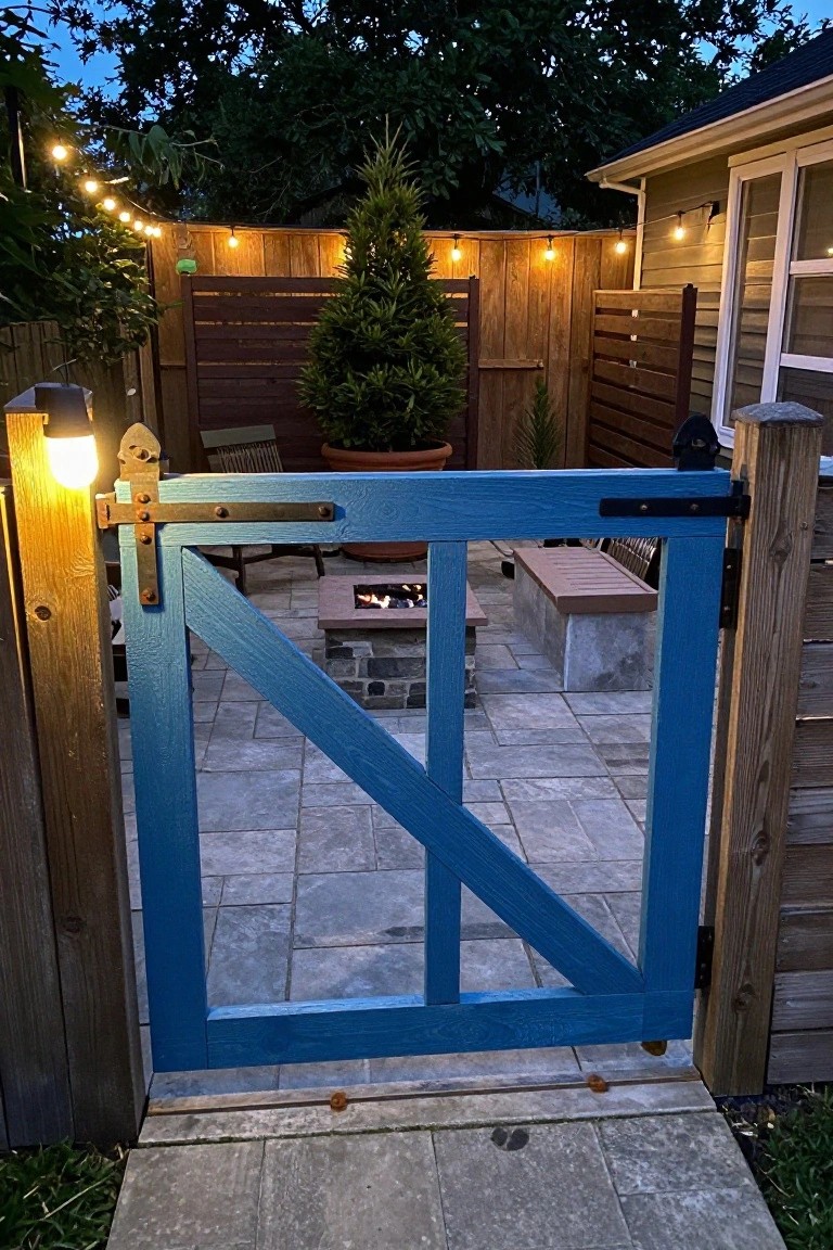 A blue wooden gate with black hardware stands open in front of a stone patio with a fire pit, benches, and a wooden fence strung with lights.