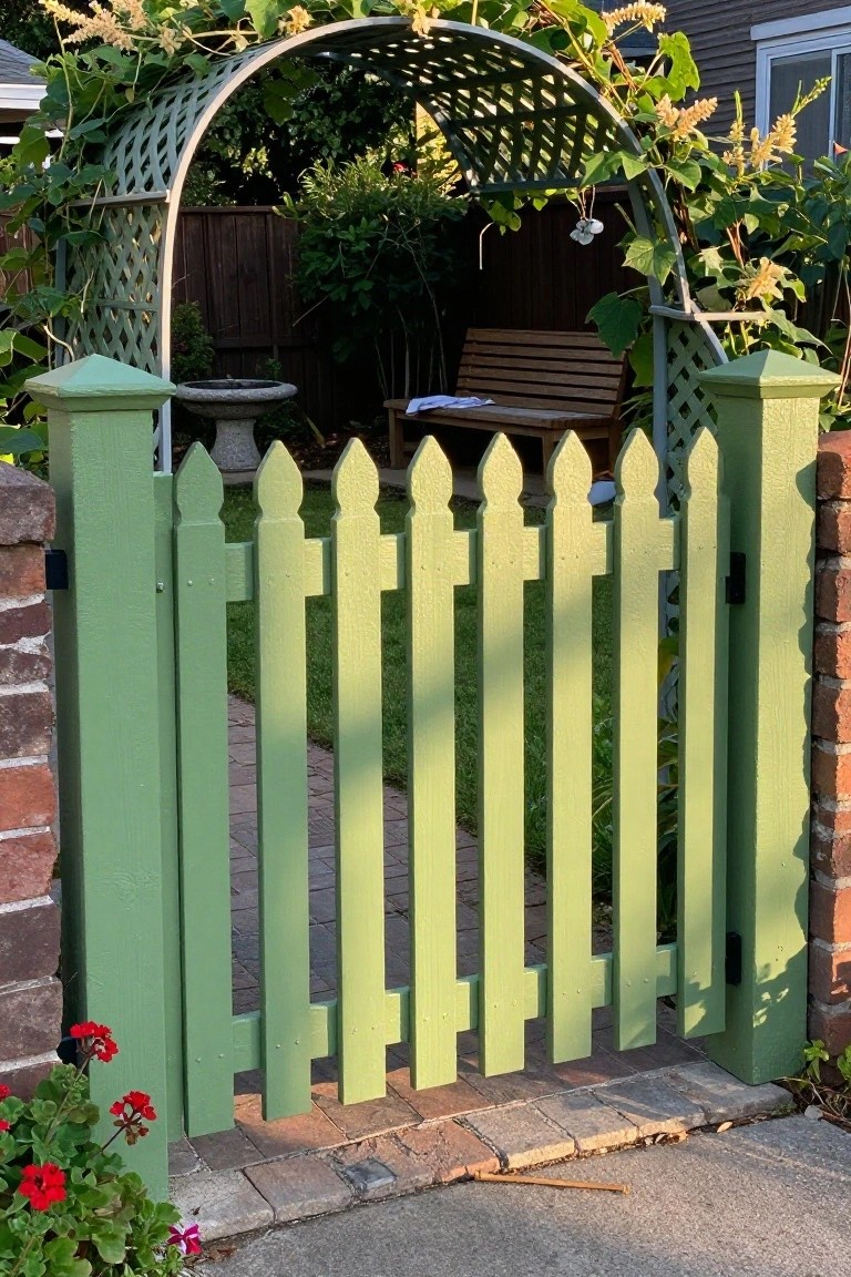 Open green picket gate beneath vine-covered arched trellis between brick pillars
