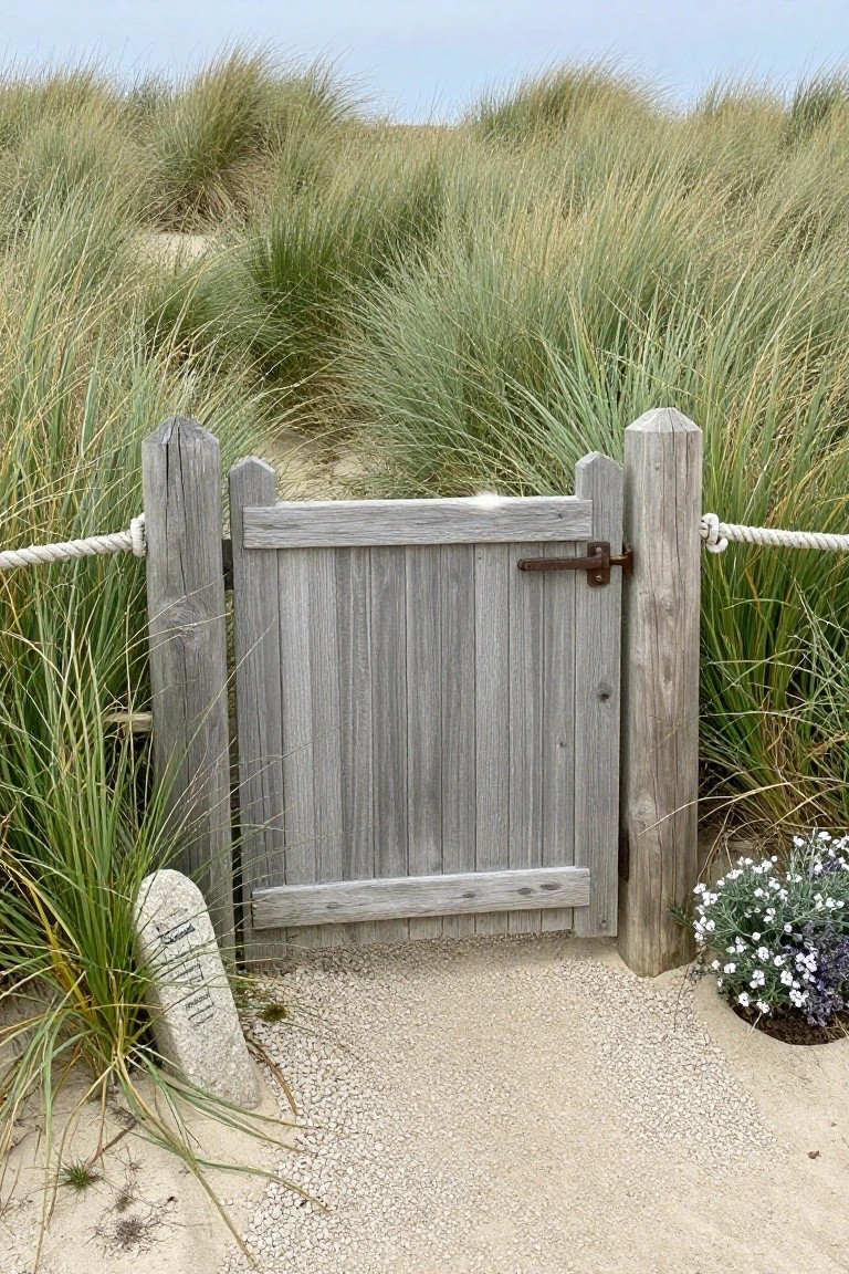 A weathered gray wooden gate stands open between two wooden posts connected by rope, with tall dune grass behind it and a sandy gravel path in front.