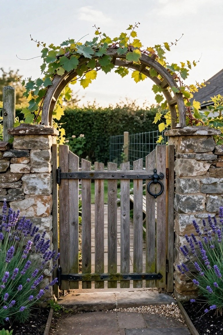 A weathered wooden gate between stone pillars, topped by a curved wooden arch covered in green vines, with lavender growing at the base.