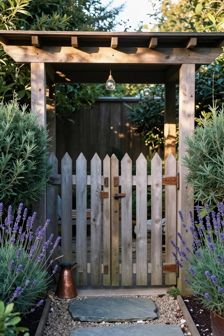 A weathered wooden picket gate with metal hinges under a timber overhang, set between lavender plants and opening onto a gravel path with flat stone pavers.