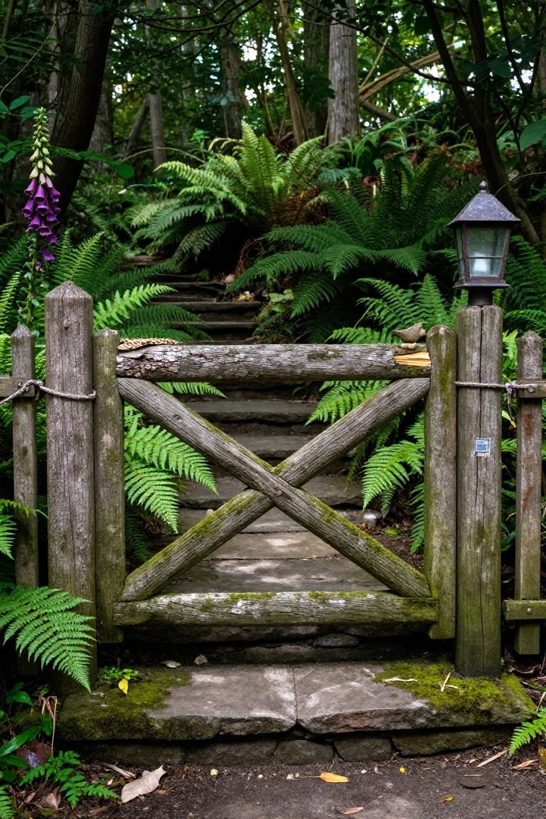 A rustic wooden gate with crossed slats stands open at the base of stone steps surrounded by ferns and trees.