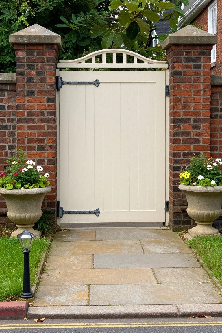A cream painted gate between red brick pillars with stone caps, flanked by two large stone urn planters and a stone slab path leading up to it.