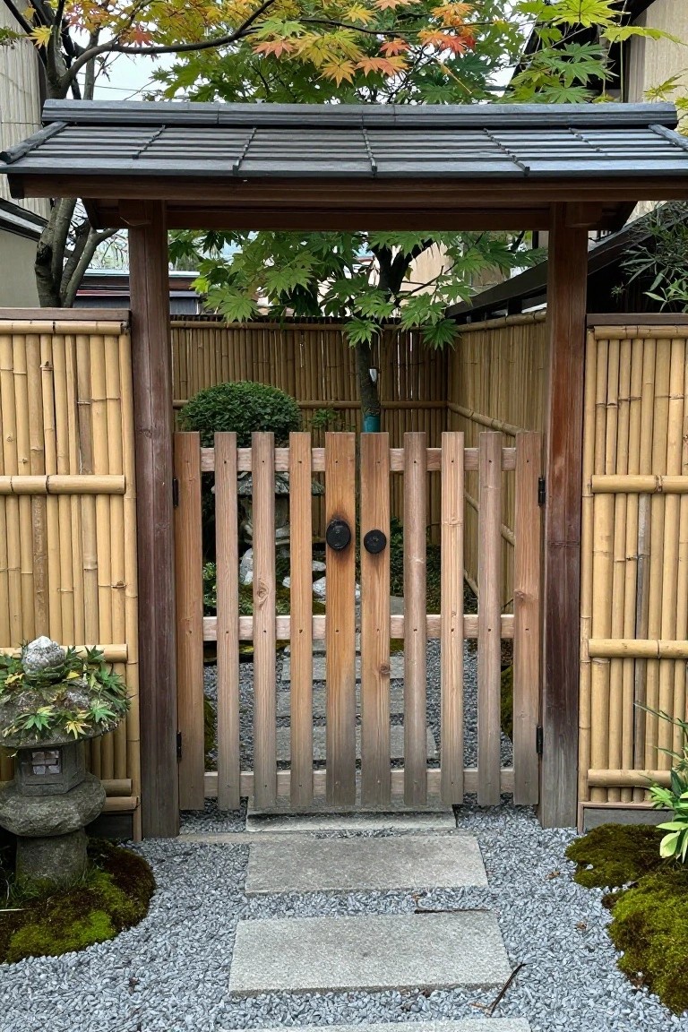 A wooden gate with vertical slats stands between sections of bamboo fencing, with a gravel path, stepping stones, and a stone lantern visible in front.