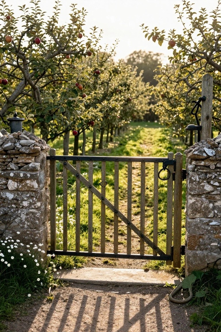 A wooden gate with vertical slats and diagonal bracing stands open between two low stone pillars, opening onto a grass path through rows of apple trees.
