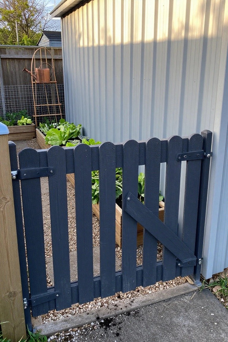 A dark wooden gate with scalloped tops and a diagonal brace stands partially open next to raised garden beds and a metal shed.