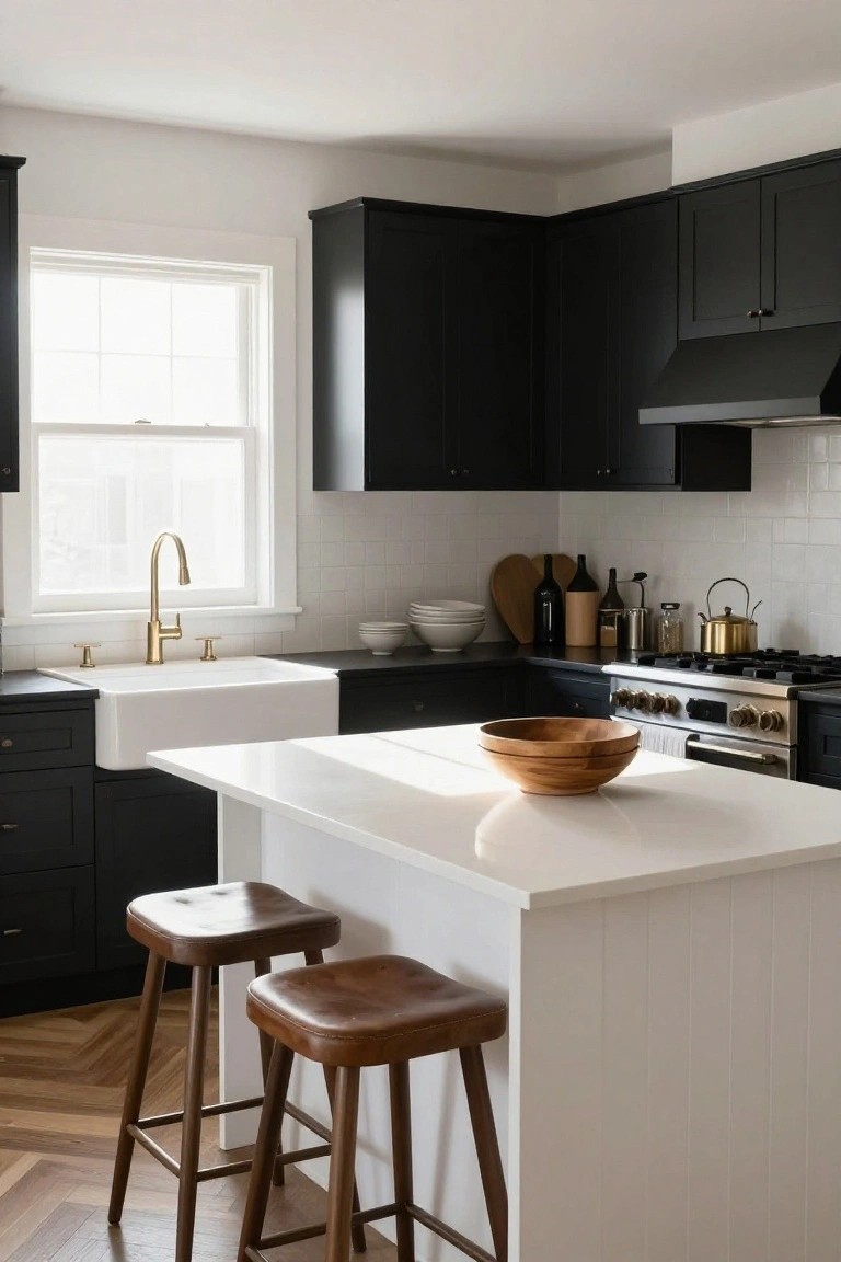 A kitchen with black cabinets, white subway tile, a white island with two brown stools, and a white farmhouse sink under a window.