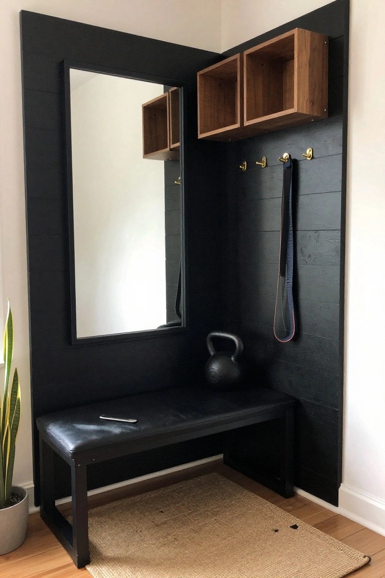 A black wood accent wall in an entryway with a mirror, bench, hooks, and floating shelves.