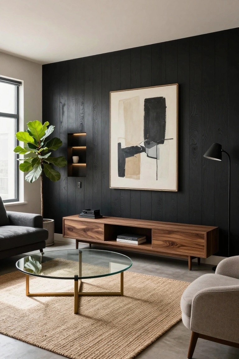 A living room with a black vertical wood accent wall, wooden media console, glass coffee table on a rug, and large abstract artwork.