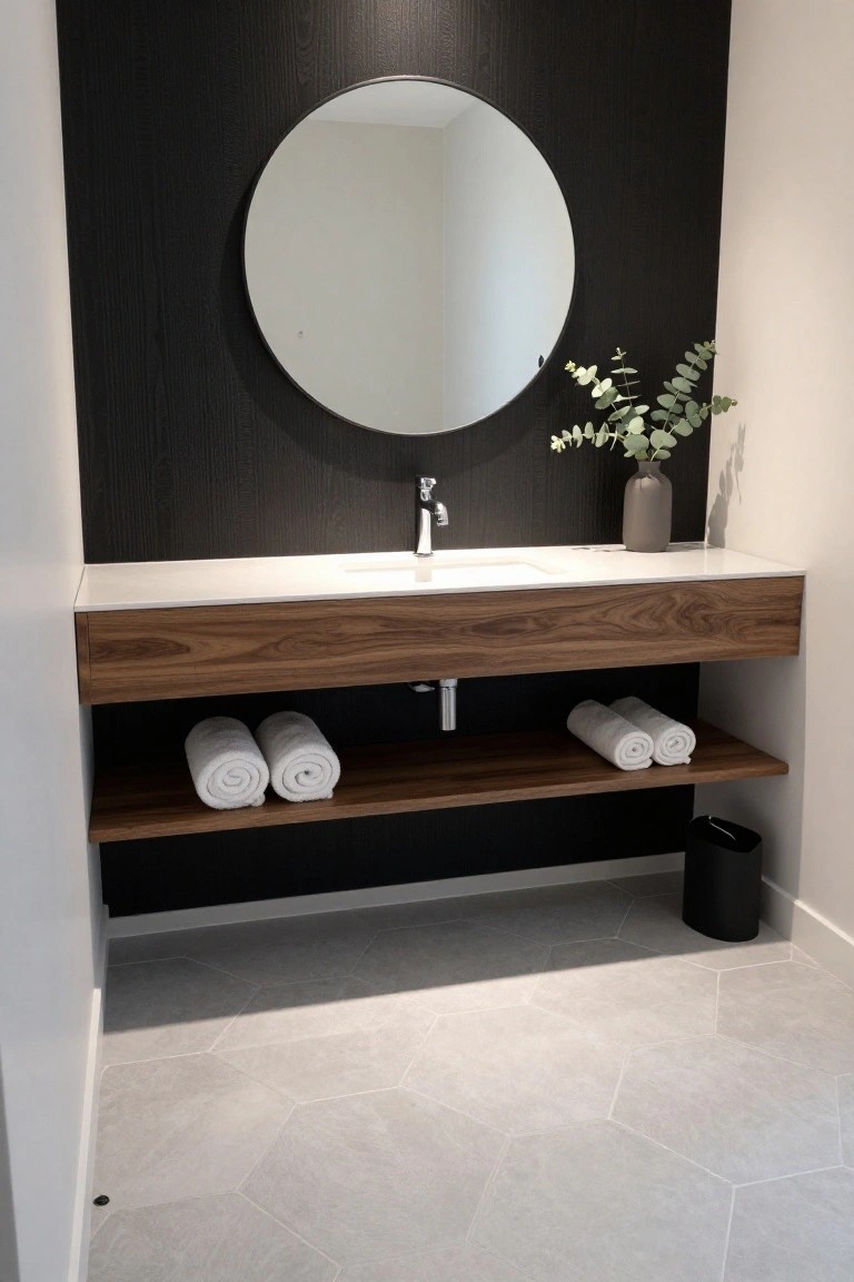 A bathroom vanity with a white countertop and wood drawer sits against a vertical black wood accent wall, with a round mirror above the sink and rolled white towels on a lower wood shelf.