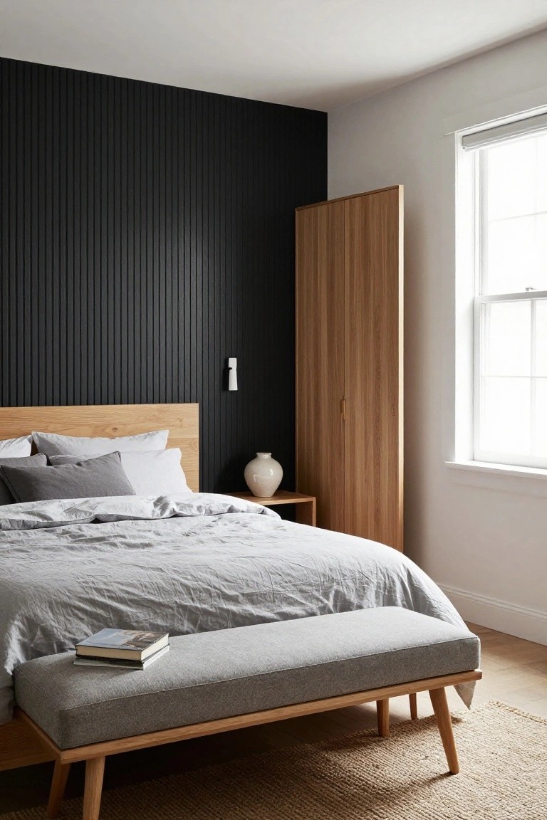 Modern bedroom with gray bed linens, wooden bench with books, tall wardrobe, black wall