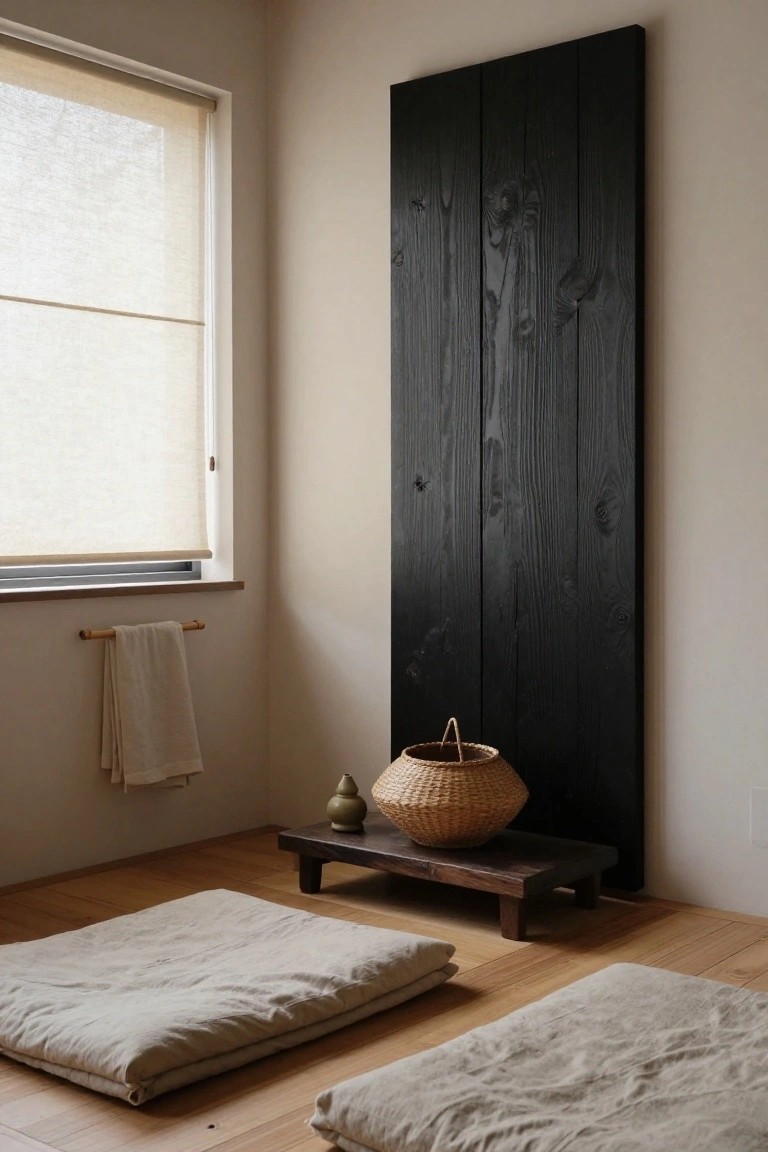 A minimalist interior with light wood flooring, two folded beige cushions, a low wooden bench holding a woven basket and small vase, and a tall black wood accent wall next to a window with a rolled shade.
