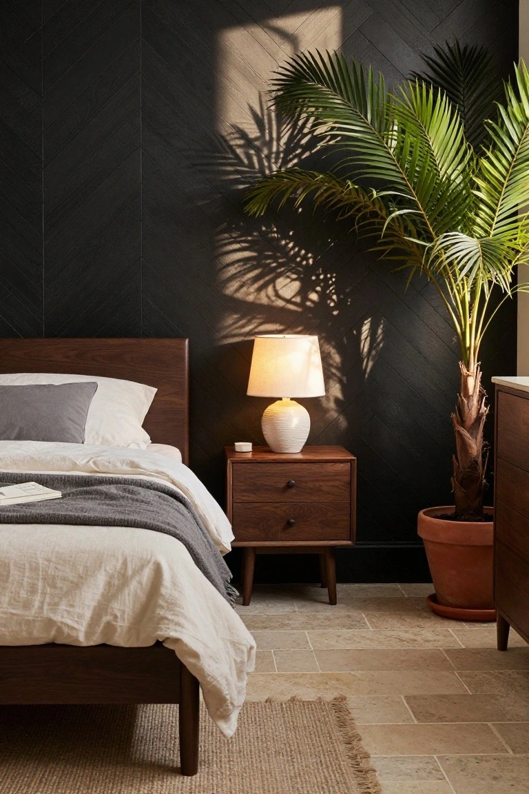 A bedroom with a dark herringbone wood accent wall, wooden bed with white and gray bedding, nightstand with lit lamp, and large potted palm plant.