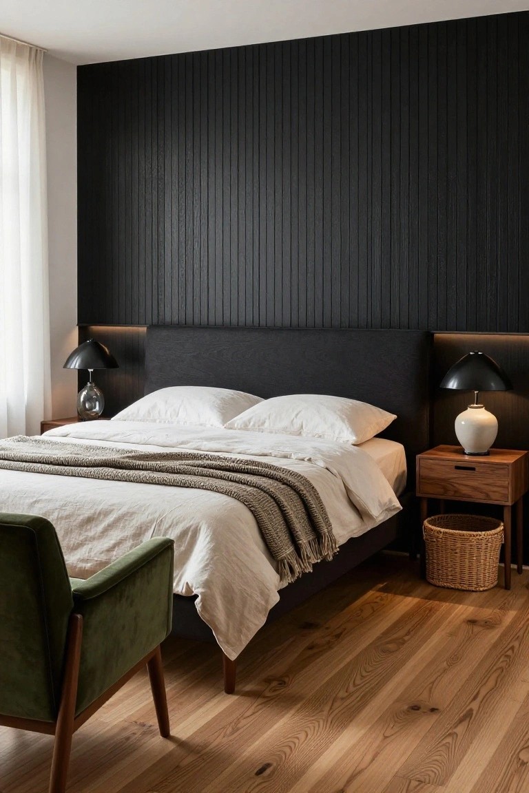 A modern bedroom featuring a tall black vertically paneled accent wall behind a bed with white linens, flanked by dark wood nightstands with black lamps.
