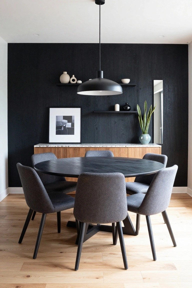 A dining room with a round black table and six gray upholstered chairs positioned in front of a full-height black wood accent wall that includes floating shelves and a framed picture.