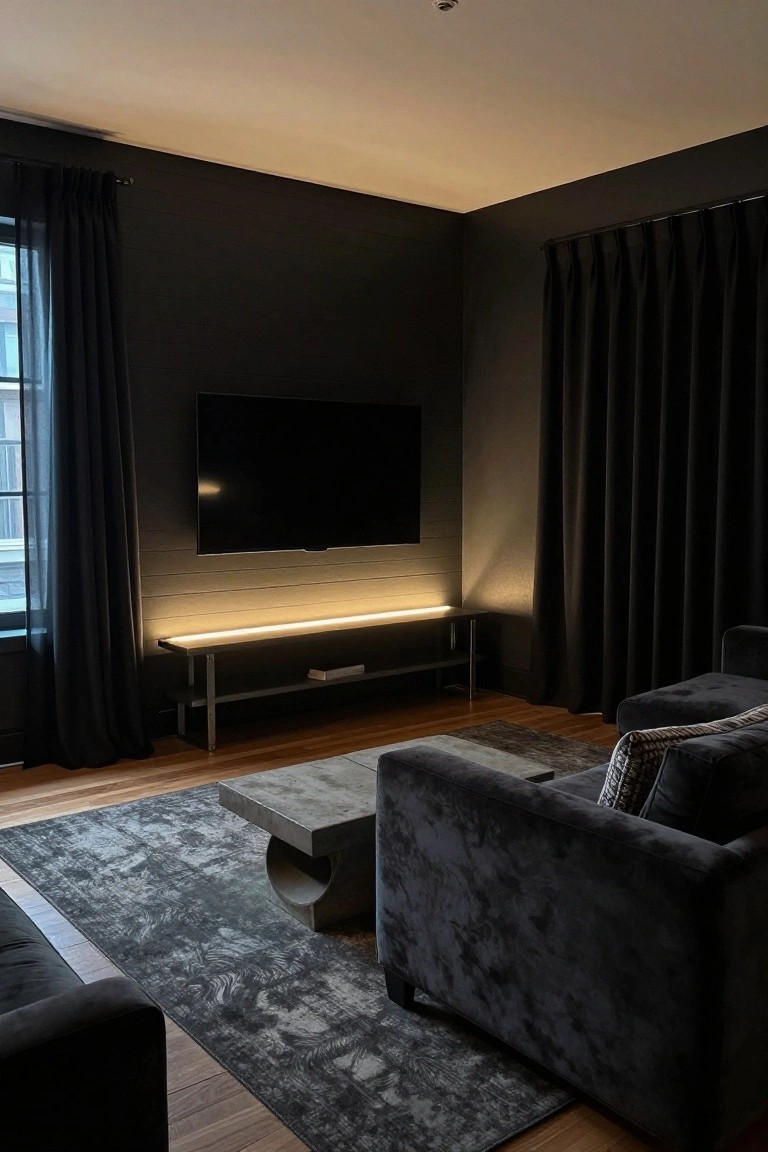 Modern dark living room with backlit TV, concrete table, gray rug, and velvet sofa.