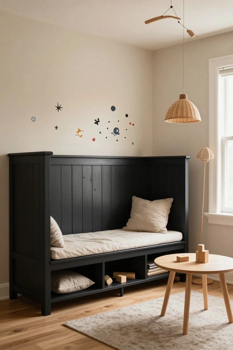 A black wooden daybed with vertical paneling and open storage below sits against a plain wall in a room with light wood flooring.