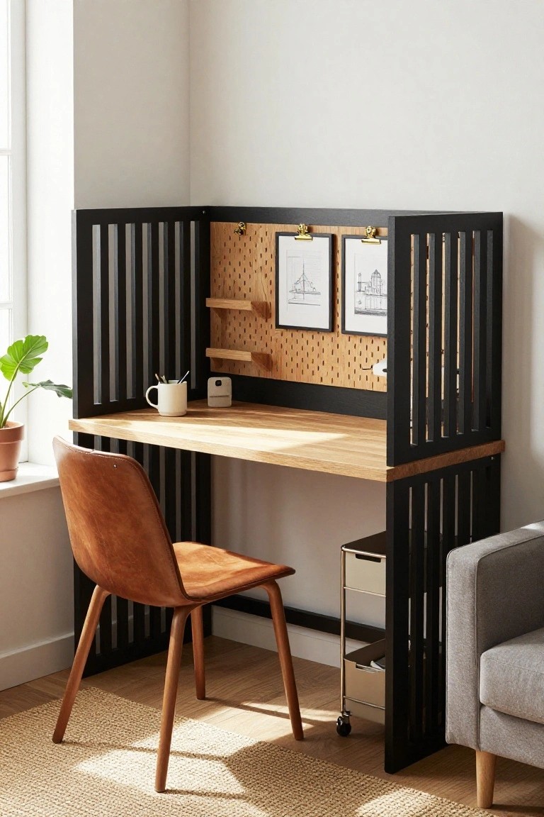 A light wood desk enclosed by black wooden panels with vertical slats, set against a wall with a pegboard holding two framed drawings and small shelves.