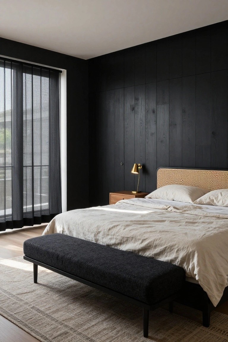 A bedroom with a black wood accent wall behind the bed, a woven headboard, light bedding, a dark bench at the foot of the bed, and a window with sheer curtains on the left.