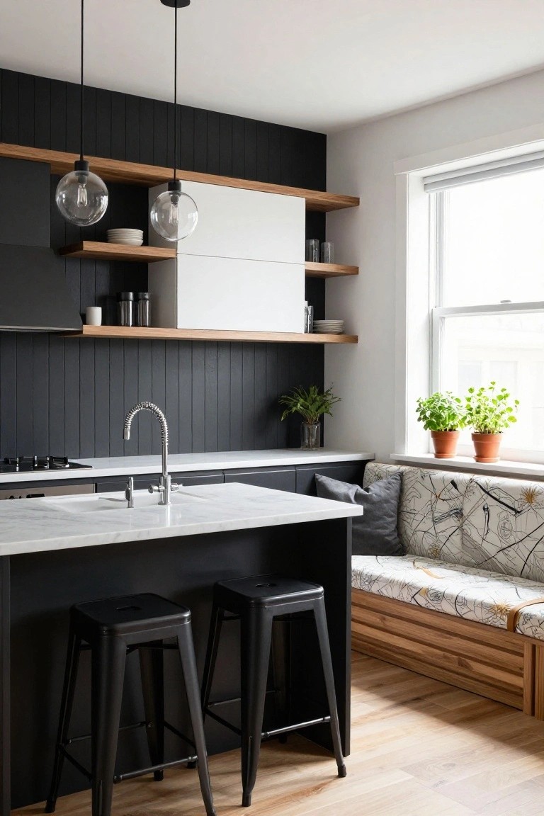 Modern kitchen with black cabinets, marble island, stools, pendant lights, and window bench.