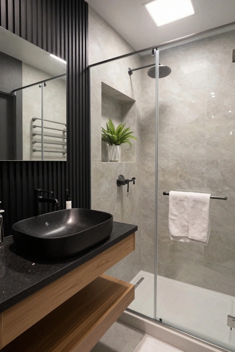 Modern bathroom with black vessel sink, wood vanity, and marble-tiled glass shower.