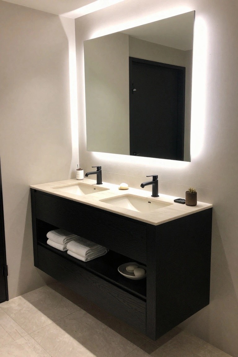 Modern double-sink vanity with black cabinet, white marble top, open towel shelves, and lit mirror