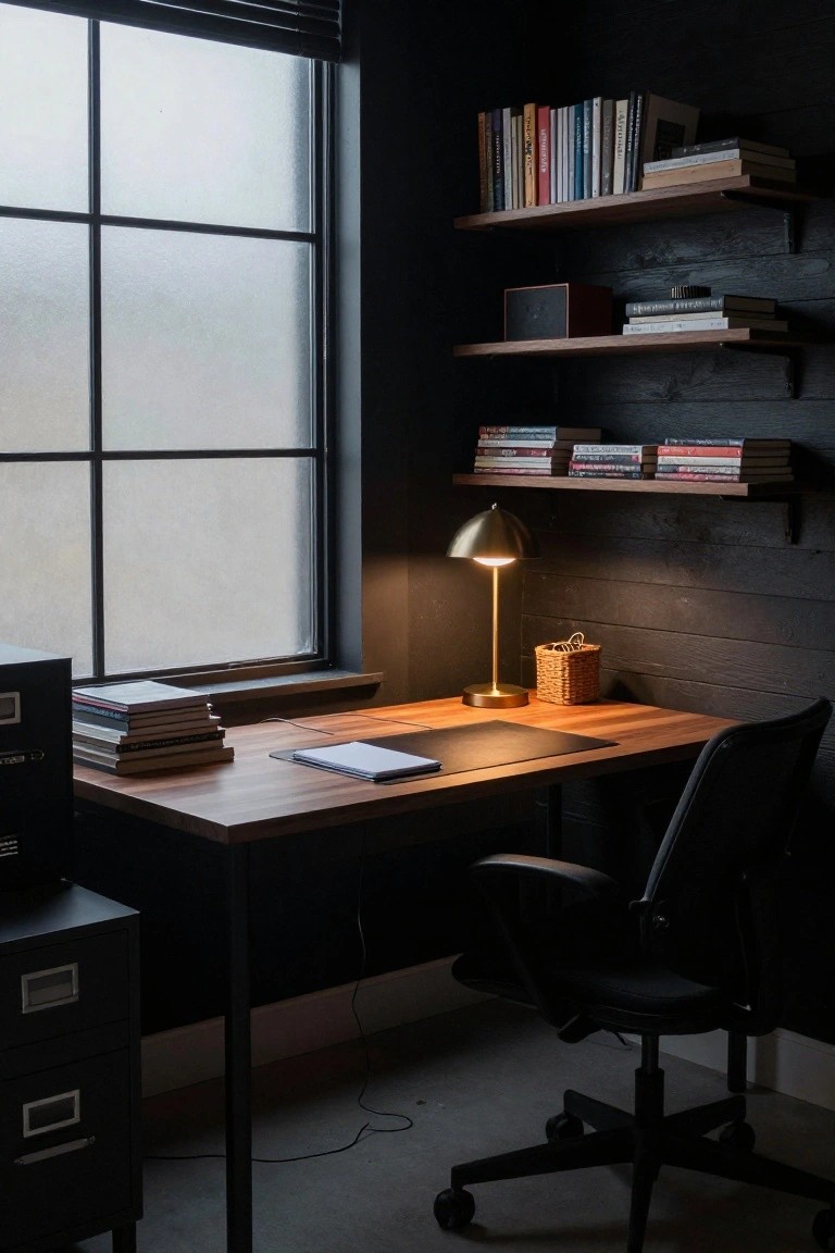 A home office featuring a black wood accent wall with floating shelves holding books, a wooden desk, a black office chair, and a large window on the left.
