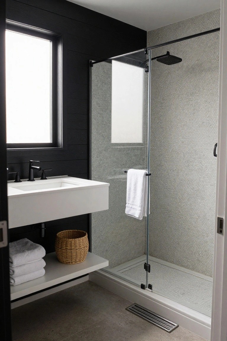 Modern bathroom with black walls, white floating sink, and gray tiled shower.