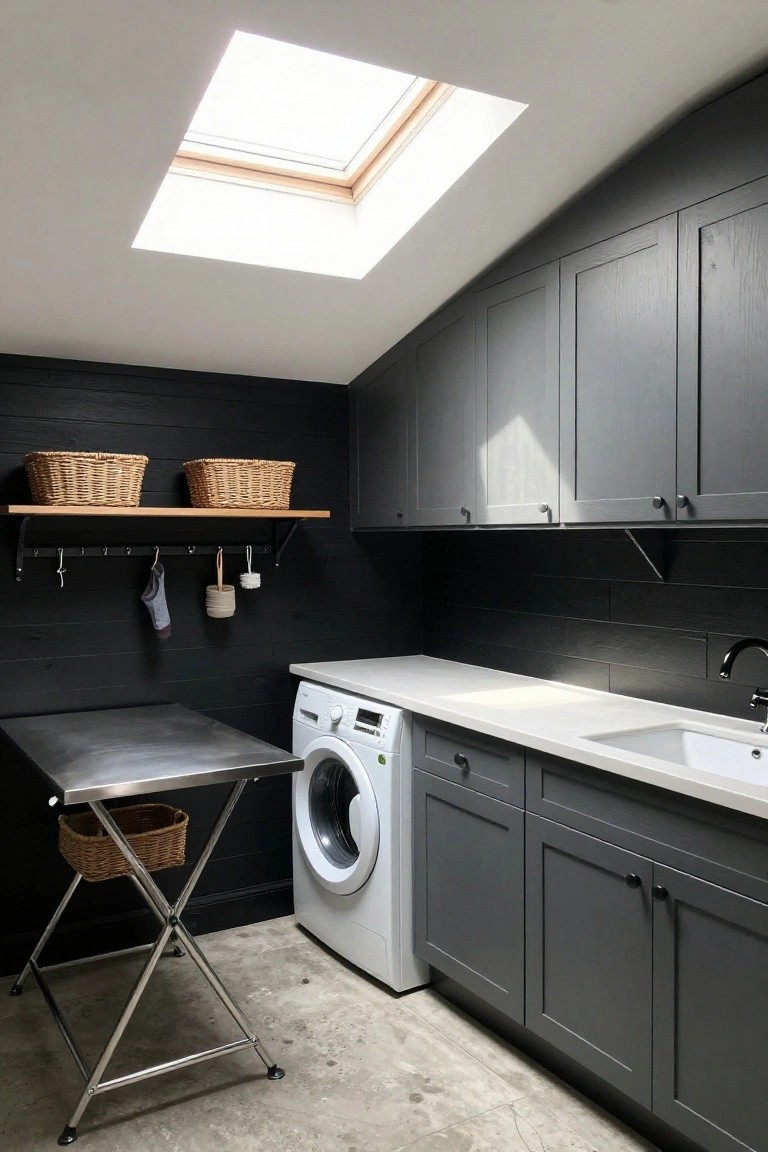 Modern dark gray laundry room with skylight, white sink, washing machine, and folding table.