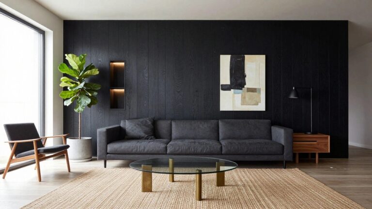25 Sleek Black Wood Accent Wall Ideas for Modern and Contemporary Homes A living room with a black vertical wood accent wall, wooden media console, glass coffee table on a rug, and large abstract artwork.