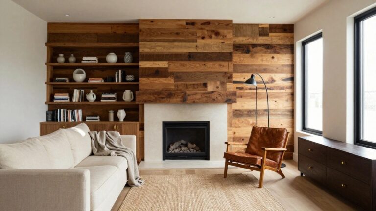 24 Timeless Reclaimed Wood Accent Wall Ideas for Rustic Character and Depth A living room featuring a tall reclaimed wood accent wall with a central fireplace, built-in shelves on either side, and a light-colored sofa in the foreground.