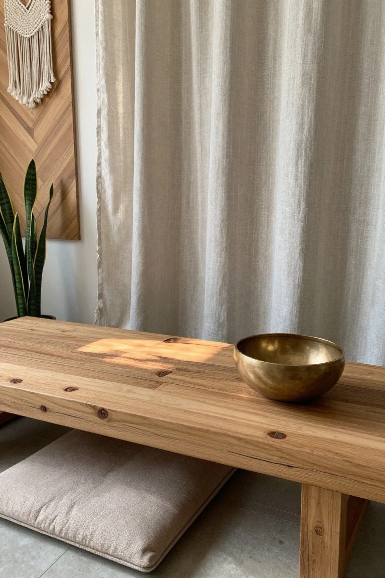 Reclaimed wood accent wall in a herringbone pattern beside a wooden bench holding a brass bowl, with a floor cushion below and a macrame hanging on the wall.