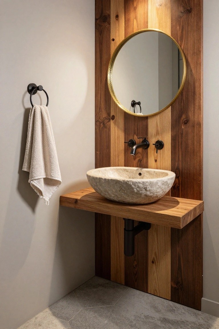 Modern bathroom with stone sink on wood counter, gold mirror, and towel.