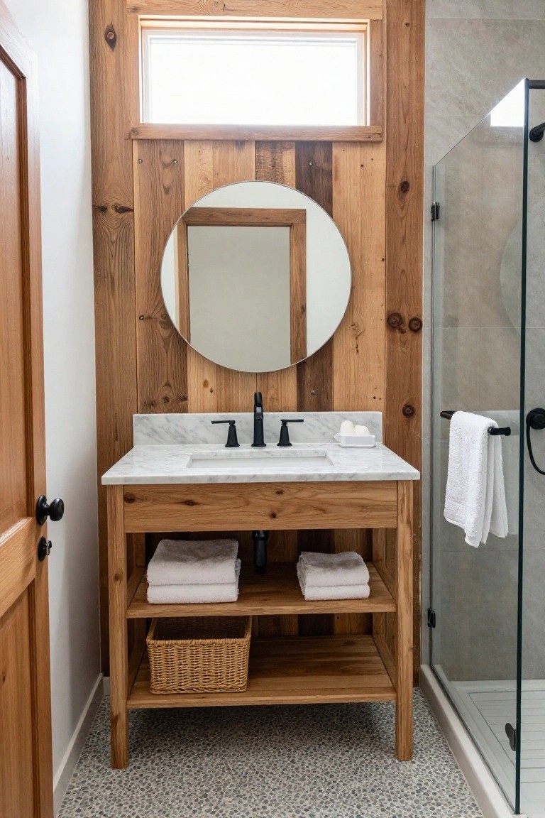 A bathroom vanity with a white marble countertop sits against a vertical reclaimed wood accent wall, with a round mirror above and open shelving holding folded towels and a basket below.