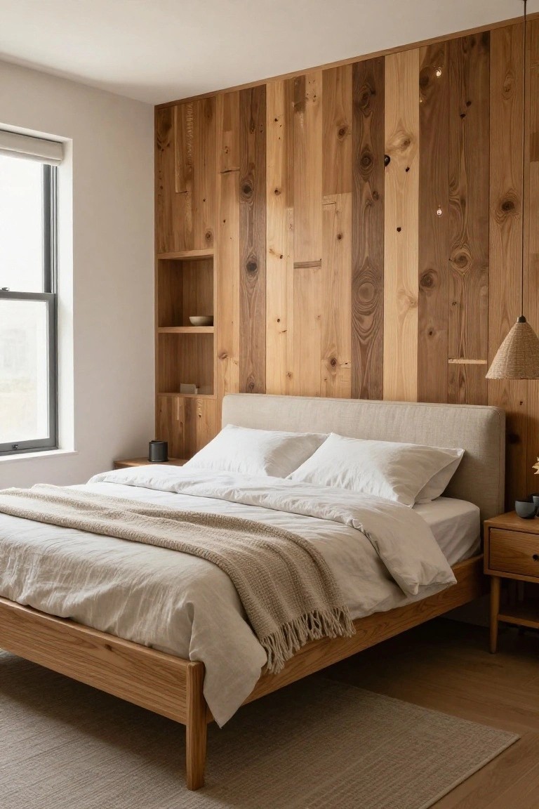 Modern bedroom with wooden bed, white linens, and vertical wood accent wall.