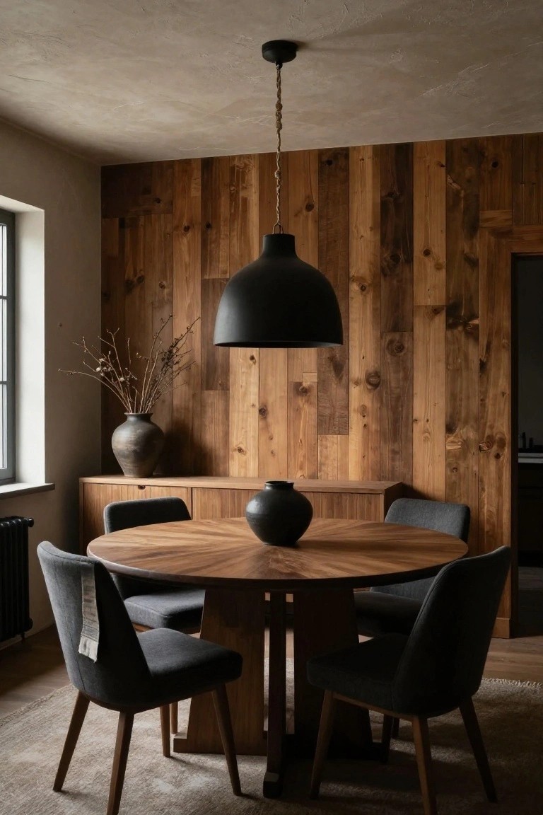 A round wooden dining table with gray upholstered chairs sits in front of a vertical reclaimed wood accent wall, with a black pendant light hanging above and a vase of branches on a sideboard.