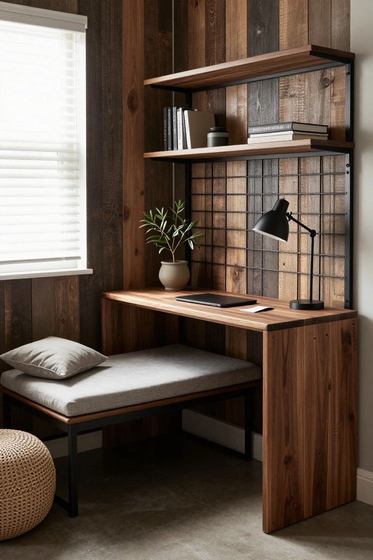 A reclaimed wood accent wall behind a wooden desk with bench seating, black lamp, and minimal accessories in a home workspace.