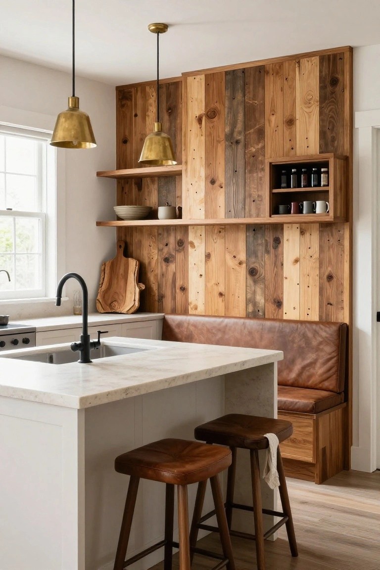 A kitchen interior showing a reclaimed wood accent wall with open shelves above a built-in brown leather bench, a white marble island with two leather stools, and brass pendant lights.