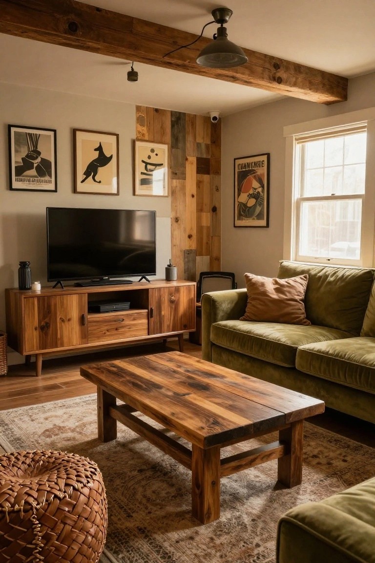 Living room with a vertical reclaimed wood accent wall behind a flat screen TV on a wooden media console, next to a green sofa and wooden coffee table.