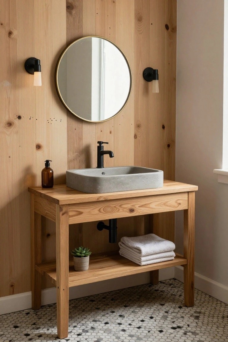 A bathroom with a vertical wood plank accent wall behind a wooden vanity topped with a concrete sink and round mirror.