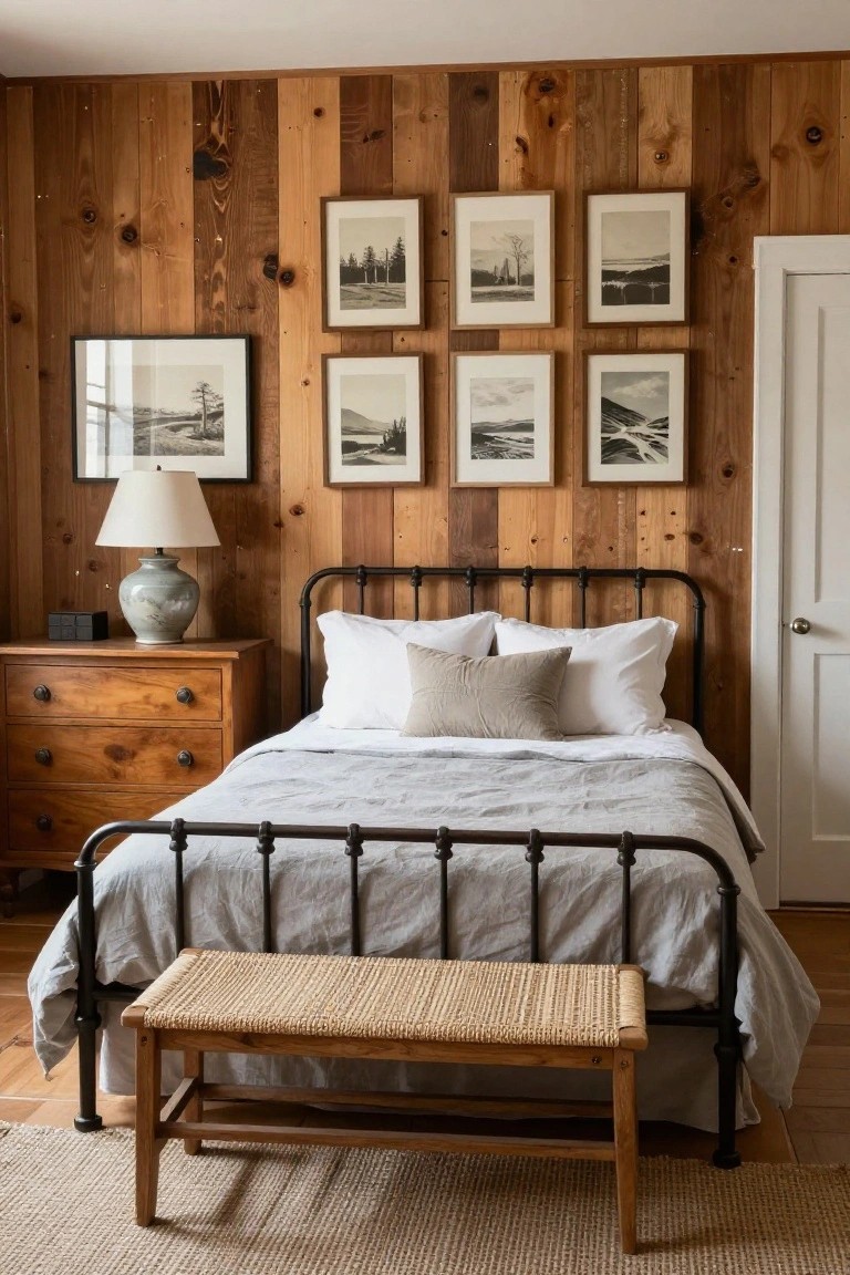 A bedroom interior showing a horizontal reclaimed wood accent wall behind a bed with black metal frame, white linens, and several framed black and white photographs hung above the headboard.