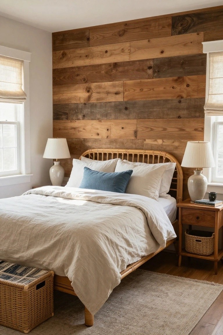 A bedroom with a reclaimed wood accent wall behind a rattan bed dressed in white linens and a blue pillow.