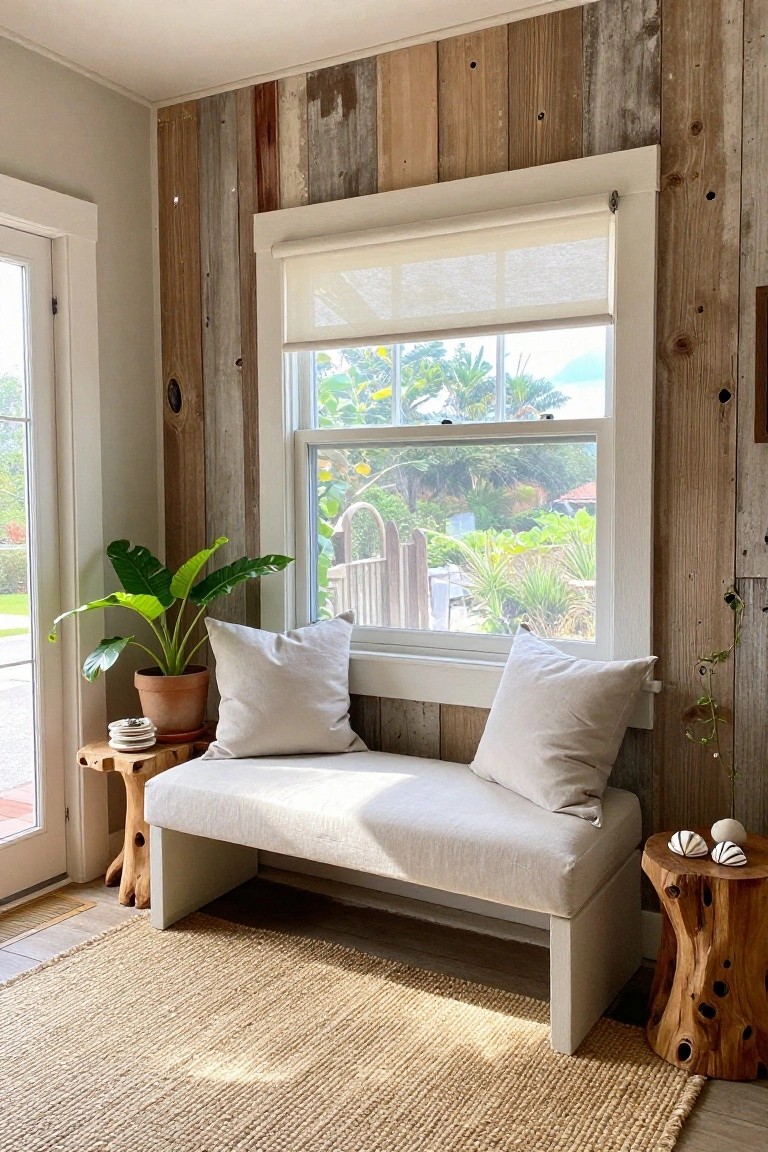 A built-in window seat with white cushions sits below a window, backed by a vertical reclaimed wood accent wall in a sunlit room.