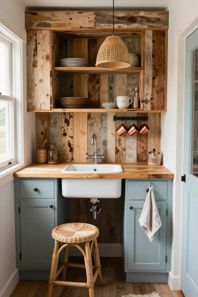 A kitchen sink area with a reclaimed wood accent wall, white farmhouse sink, wooden countertop, blue lower cabinets, and open shelving holding dishes.