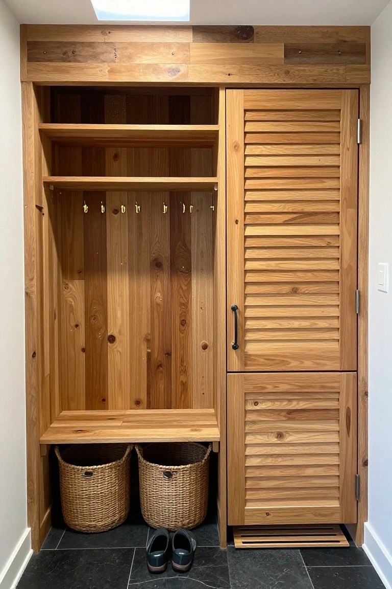 Wooden built-in storage unit with open shelves, brass hooks, a bench, and two woven baskets on a dark tile floor.