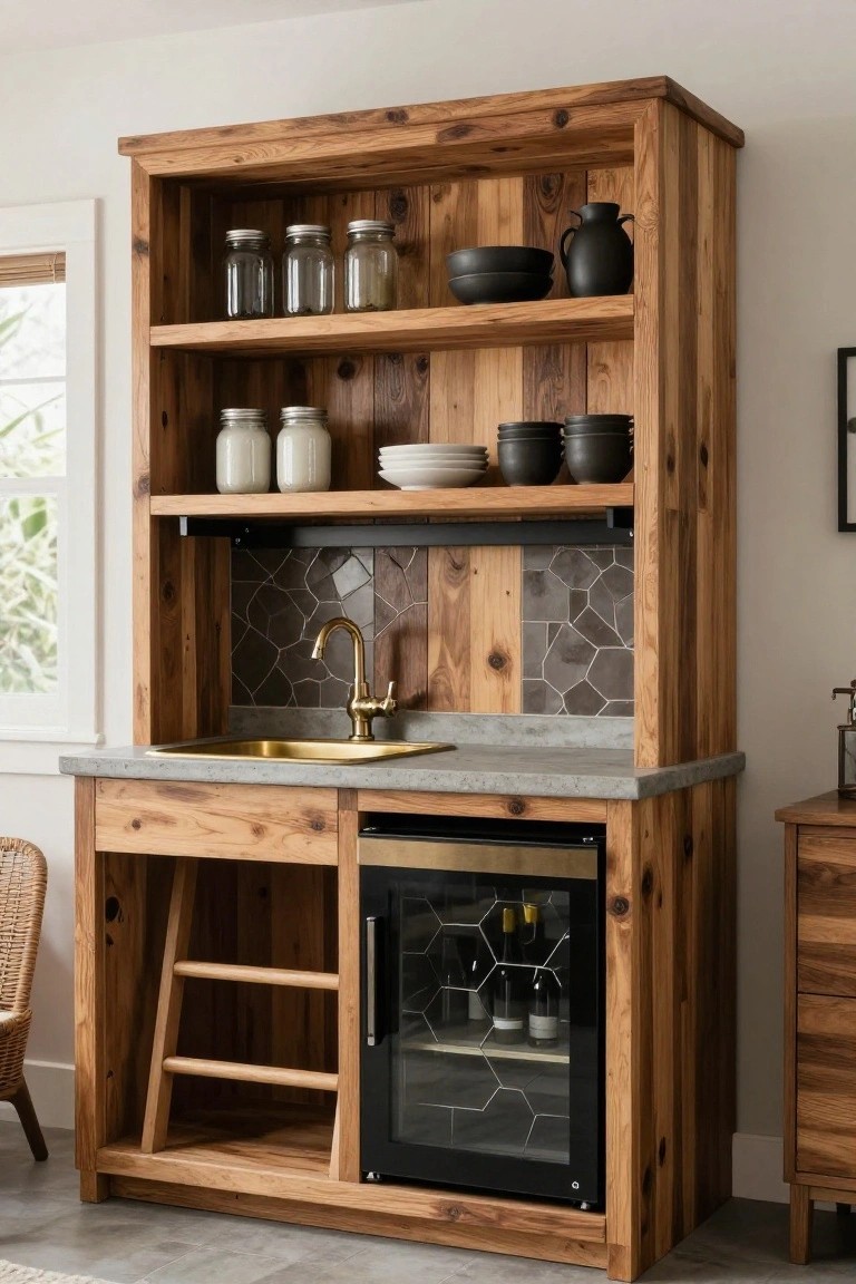 A reclaimed wood built-in unit with open shelves, a concrete countertop, brass sink, and wine refrigerator in a kitchen.