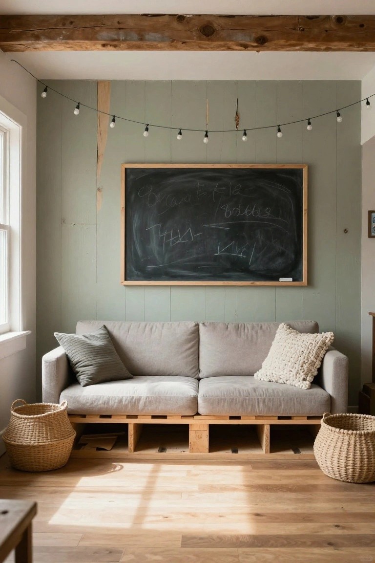 A living room with a large reclaimed wood beam on the ceiling above a light gray sofa set on wooden pallets, a framed chalkboard on a sage green wall, string lights, and woven baskets on a wood floor.